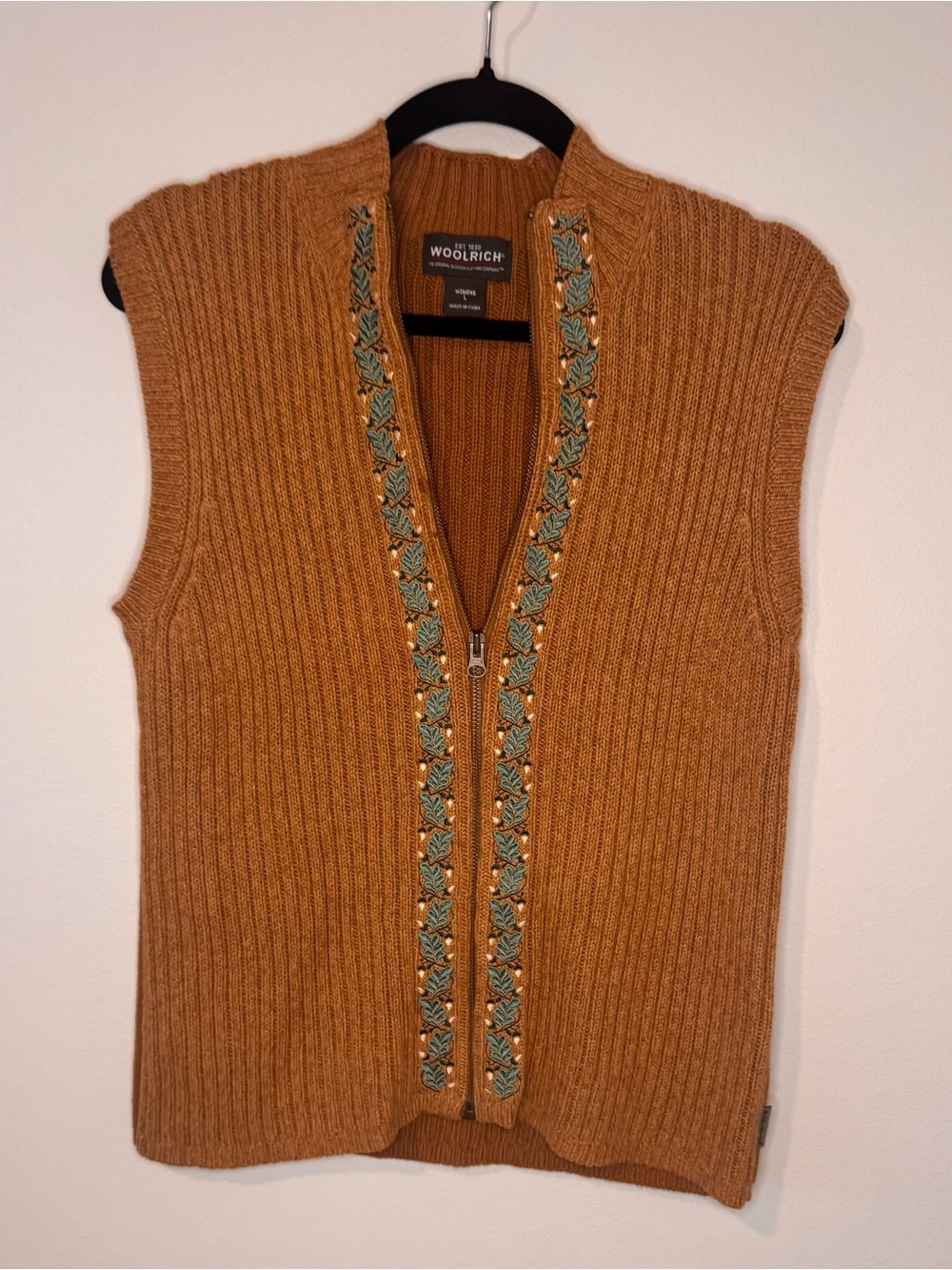 Woolrich Embroidered Leaf Sweater Vest Womens Large Brown Full Zip Cottagecore